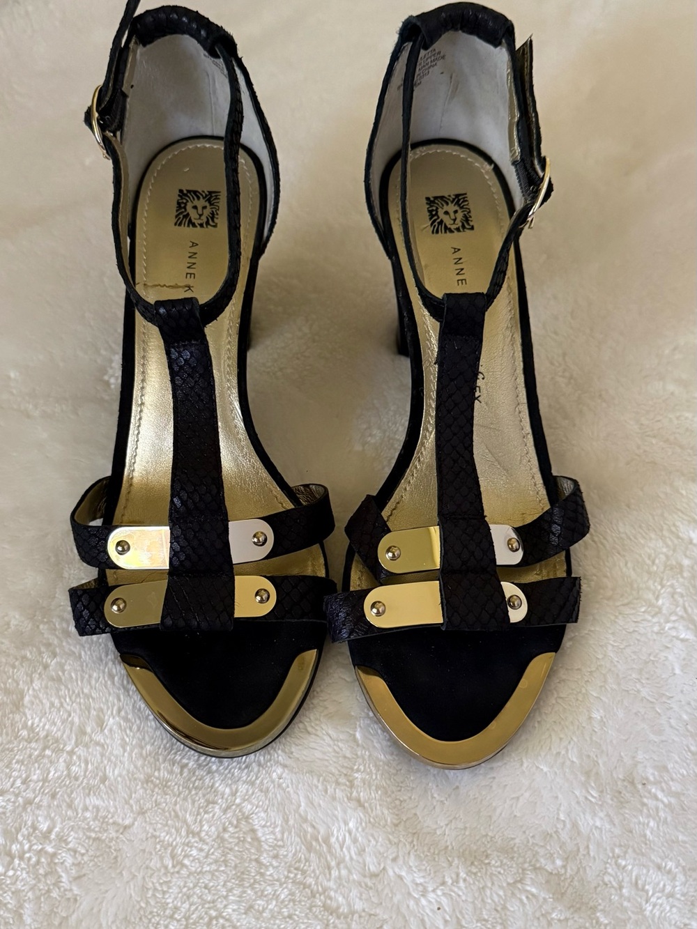 Anne Klein Black Heeled T-Strap Sandals with Gold Accents